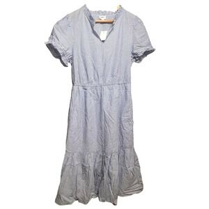 J. Crew Women's Blue Striped Ruffle Neck‎ Short Sleeve Tiered Midi Dress